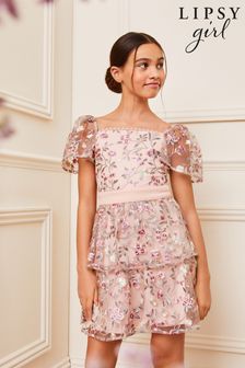 Lipsy Pink Embroidered Square Neck Occasion Dress (3-16yrs) (Q42729) | €77 - €86