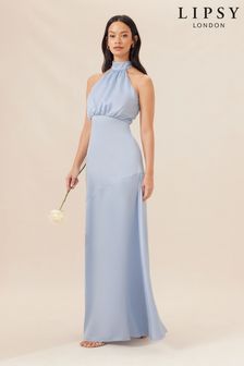 Lipsy Blue Halter Neck Empire Bridesmaid Satin Maxi Dress (Q42736) | €138