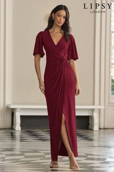 Lipsy Berry Red Short Sleeve V Neck Slinky Bridesmaid Dress (Q42737) | $152
