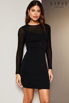 Lipsy Black Sheer Ribbed Round Neck Long Sleeve Knitted Mini Dress (Q42759) | kr603