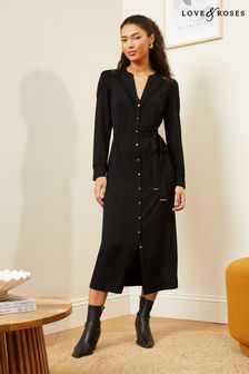 Love & Roses Black Button Through Belted Lace Insert Jersey Midi Dress (Q42919) | €57