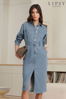 Blue - Lipsy Denim Button Through Midi Dress (Q42972) | kr1 060