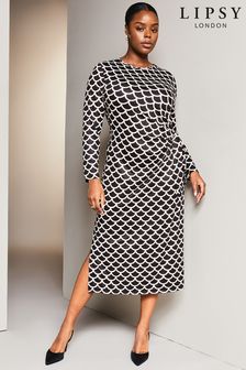Lipsy Black/White Curve Tie Side Long Sleeve Column Midi Dress (Q43025) | €54