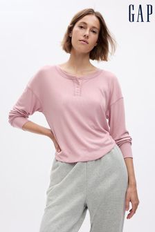 Roz - Bluză de pijama cu nasturi la Mânecă lungă Henley Gap Striat (Q43304) | 149 LEI