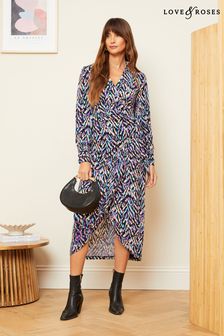 Love & Roses Purple Print Wrap Long Sleeve Jersey Midi Dress (Q43331) | 319 SAR