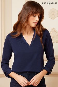 Love & Roses Navy Blue Long Sleeve V Neck Jersey T-Shirt (Q43375) | KRW59,800