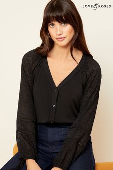 Love & Roses Black Tie Cuff Button Front Jersey Blouse (Q43377) | €39