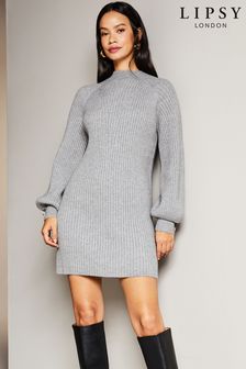Lipsy Charcoal Grey Long Sleeve High Neck Knitted Mini Dress (Q43393) | €72