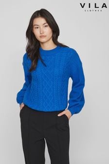 Niebieski - Vila miękki sweter z okrągłym dekoltem i warkoczowym splotem (Q43700) | 225 zł