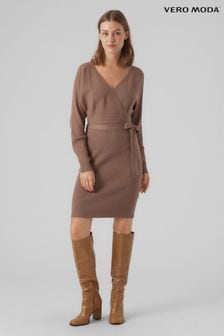 VERO MODA Brown V-Neck Wrap Belted Knitted Dress (Q43857) | AED205