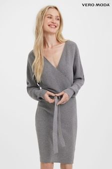 Grau - Vero Moda Strick-Kleid mit V-Ausschnitt und mit Gürtel, Wickelgürtel (Q43875) | 58 €