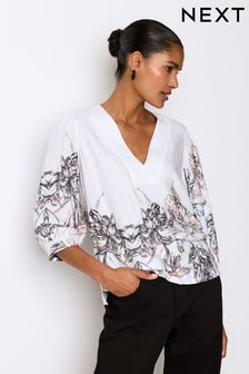 White/Black Floral Placement Linen Blend V-Neck 3/4 Sleeve Blouse (Q44444) | $44