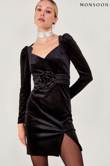 Czarna aksamitna sukienka Monsoon Carla z ozdobnymi kwiatami Czarny (Q44627) | 237 zł