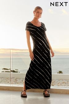 أسود وأبيض مقلم - فستان صيفي ماكسي جيرسيه (Q44690) | 152 د.إ