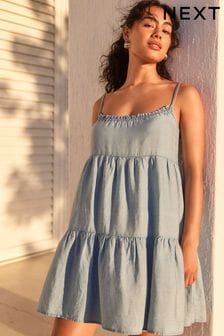 Denim Blue Tiered Mini Summer Dress (Q44807) | SGD 50