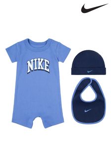 Nike Blue Baby Hat Romper and Bib 3 Piece Set (Q45110) | €29
