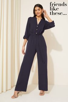 Friends Like These Navy Blue 3/4 Sleeve Belted Woven Wide Leg Jumpsuit (Q45330) | $83