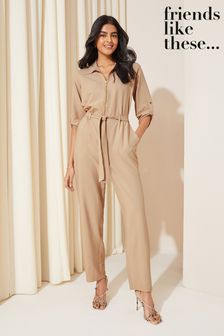 Friends Like These Camel Woven Fabric Belted Waist Jumpsuit (Q45356) | €61