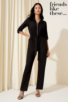 Friends Like These Black Woven Fabric Belted Waist Jumpsuit (Q45358) | $91