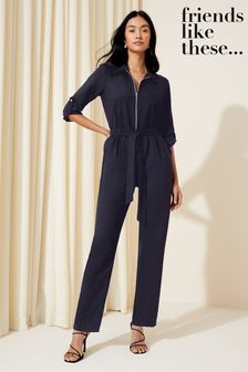 Friends Like These Navy Blue Woven Fabric Belted Waist Jumpsuit (Q45359) | $69