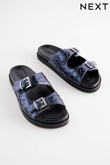 Navy Metallic Leather Western Footbed Sandals (Q45429) | SGD 78