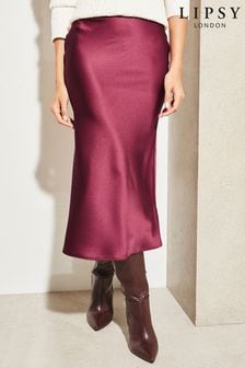 Lipsy Merlot Red Petite Satin Bias Cut Midi Skirt (Q45664) | €25