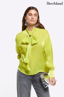 River Island Yellow Pussybow Satin Shimmer Blouse (Q45760) | €24