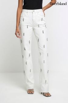 River Island White High Rise Straight Embellished Non- Stretch Jeans (Q45862) | $120