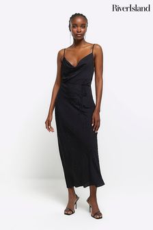 River Island Black Cowl Neck Embellished Slip Maxi Dress (Q45863) | €38
