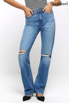 River Island High Rise Straight Ripped Non - Stretch Jeans