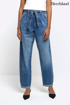 River Island Blue High Rise Relaxed Pleated Barrel Belted Jeans (Q45892) | 317 SAR