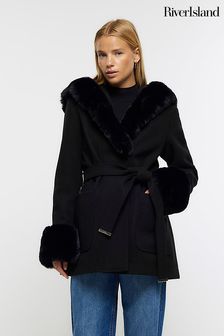 River Island Black Belted Faux Fur Short Coats (Q45935) | €57