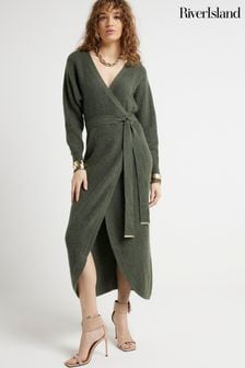 River Island Khaki Wrap Knitted Midi Dress (Q45936) | $69