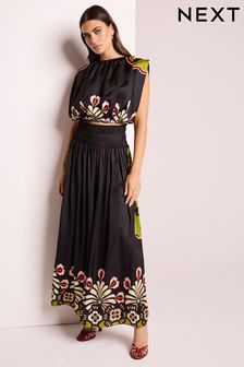 Black Satin Bright Floral Print Maxi Skirt (Q46033) | AED208