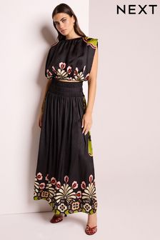 Satin Bright Floral Print Maxi Skirt