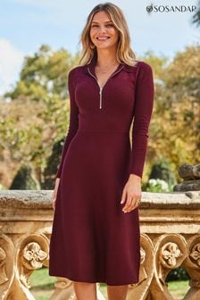 Sosandar Red Knit Fit and Flare Dress With Lace Detail (Q47024) | AED471