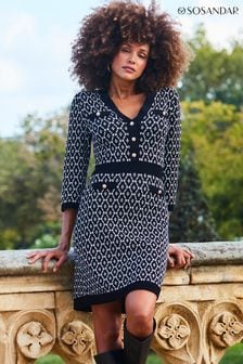 Sosandar Black Geometric Print Jacquard Knitted Dress With Button Pocket Detail (Q47067) | $129