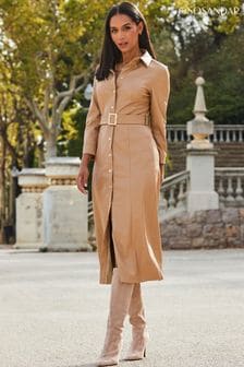 Sosandar Beige Faux Fur Leather Longline Shirt Dress (Q47068) | AED494