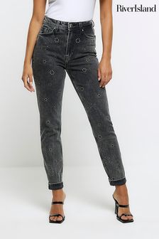 River Island Black Mom High Rise Embellished Stud Jeans (Q48068) | €34