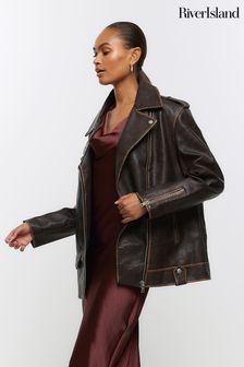 River Island Brown Faux Leather Oversized Distressed Biker Jacket (Q48088) | €95