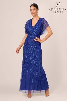 Niebieska długa sukienka Adrianna Papell zdobiona koralikami (Q48243) | 1,885 zł