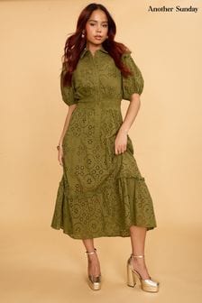 Another Sunday Green Midi Shirt Dress With Puff Sleeves And Broderie Detail (Q49003) | $129