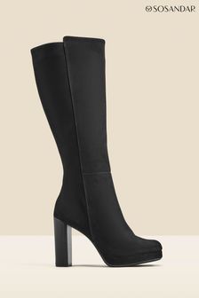 Sosandar Black Nubuck Leather Platform Block Heel Knee High Boots (Q49046) | ₪ 950