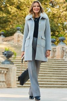 Sosandar Grey Faux Fur Collar Button Front Coat (Q49047) | OMR70
