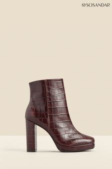 Sosandar Brown Croc Effect Leather Block Heel Platform Ankle Boots (Q49050) | $238