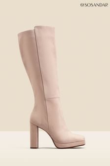 Sosandar Cream Nubuck Leather Platform Block Heel Knee High Boots (Q49054) | ₪ 950