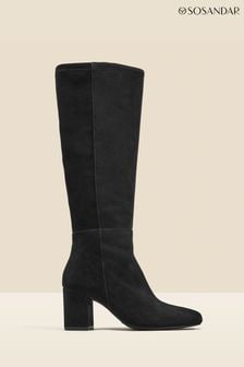 Sosandar Black Stretch Suede Low Block Heel Knee High Boots (Q49080) | $262
