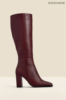 Sosandar Red Leather Square Toe Block Heel Knee High Boots (Q49119) | €216