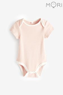 MORI Pink Organic Cotton Stripe Short Sleeve Envelope Neckline Bodysuit (Q49252) | $29