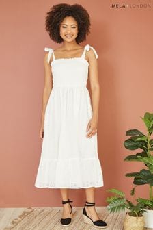 Mela White Broderie Anglaise Ruched Midi Sundress With Tie Sleeves (Q49536) | €66